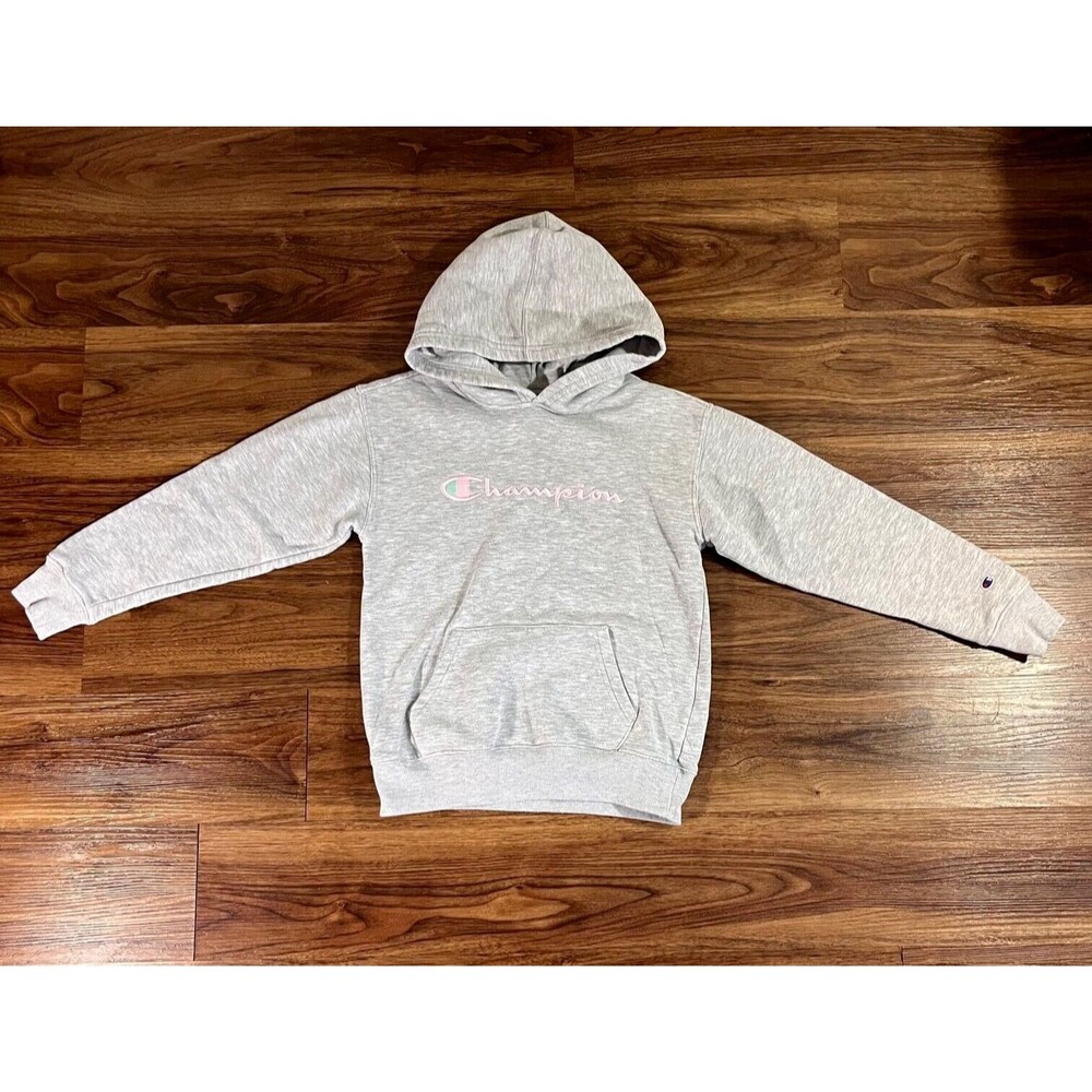 Champion Pullover Hoodie Pink Logo Long Sleeve Gray Sweater Girls Size Medium